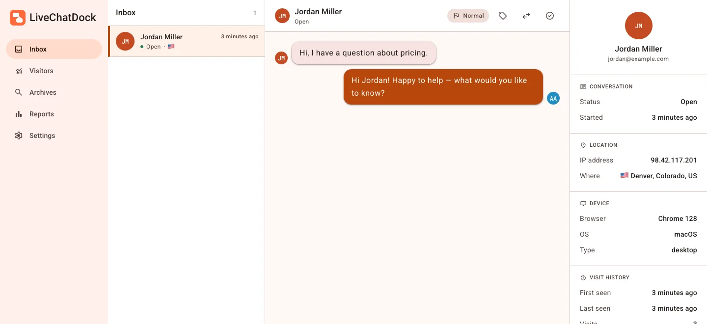The LiveChatDock agent dashboard showing a shared inbox, an open visitor conversation, and visitor context, real location, device, and visit history.